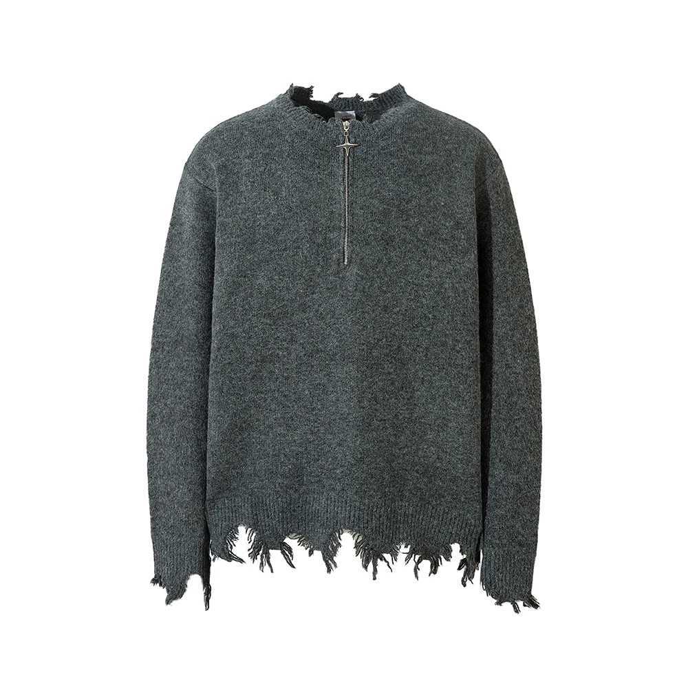 Half Zipper Frayed Hem Ripped Solid Knitted Sweaters Mens and Womens Autumn Baggy Pullover Sweater Oversized Loose Clothes S260921PZ51
