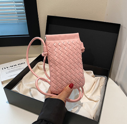 Vintage Hand Woven Cell Phone Purse for Ladies, Thin Strap Vertical Crossbody Bag, Fashion Woven PU Leather Mini Shoulder Handbag 999