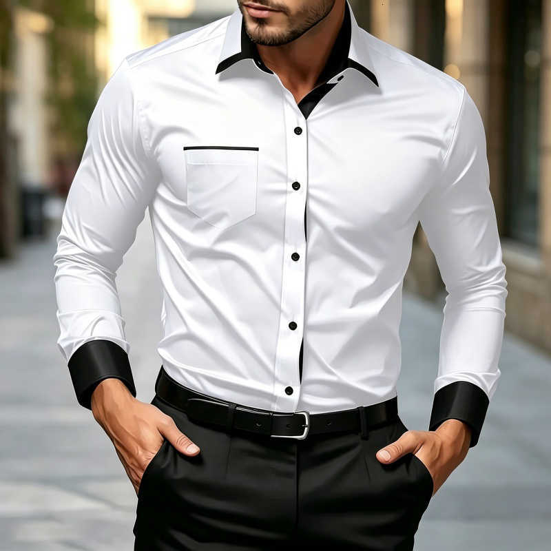 Casual Shirts New autumn Men's men's long sleeved shirt with contrasting black collar cuffs and lapel top versatile for daily wear men