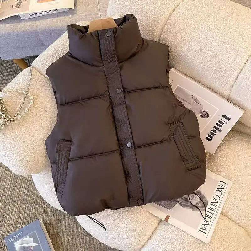 Winter Down Sleeveless Vest Casual Women Warm Zipper Stand Collar Jacket Casual Tops Solid Color Fashion Coats Street Outerwears 260920