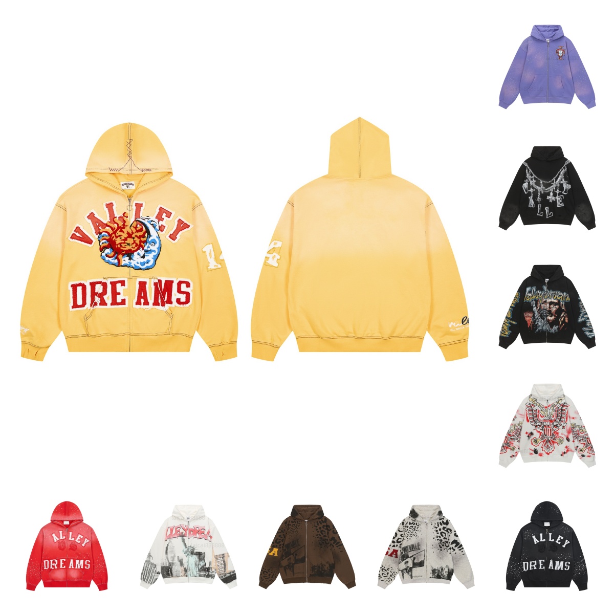 Vale hoodie Dream Vintage Graphic Zip-up Hoodie Designer Men Sweatshirts Unisex Washed Black White Pullover Loose Cotton Sweatshirts Retro Print Val