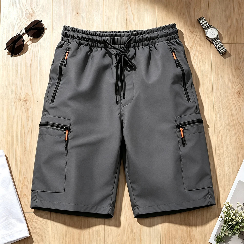 Mens Quick Dry Cargo Shorts 4 Pockets Zipper Elastic Waist Drawstring Lightweight Outdoor Casual Street Tactical Jogging EU Size 26921