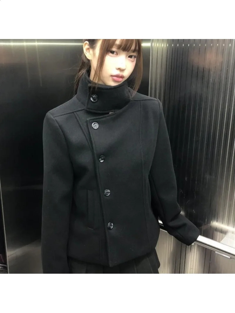 Vintage Black High Stand Collar Wool Pea Coat Women Double Breasted Cropped Dark Academia Winter Outerwear 260920