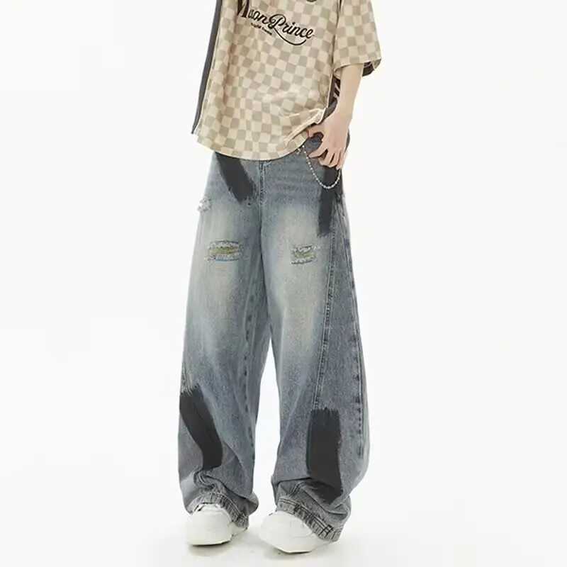 American Retro Distressed Loose Jeans Men Women Autumn Winter New High Street Wide Leg Floor-Length Straight Leg Jeans S260921TTUA