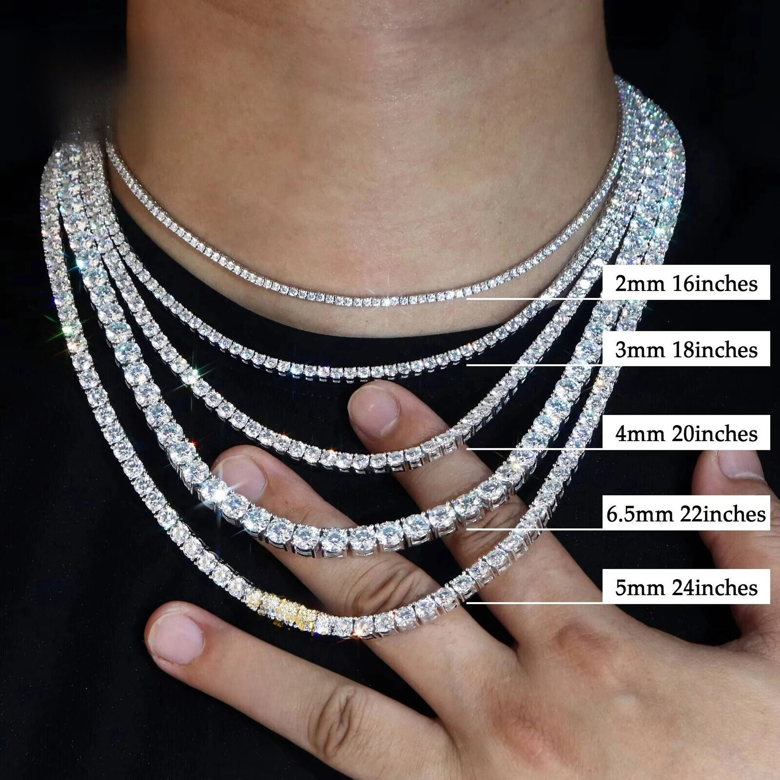 Real 925 Silver Moissanite Necklace 3mm 4mm 5mm 65mm Round White D Diamond Tennis Link Chain for Men Rapper