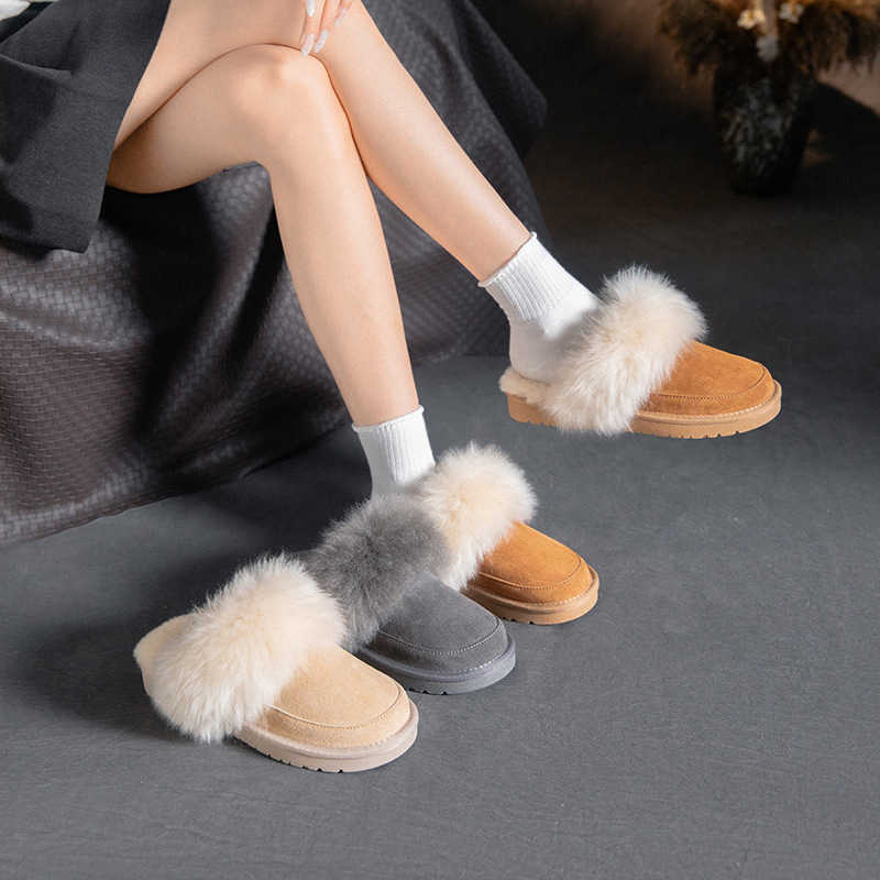 Women's thin-soled snow boots 2026 winter collection slip-on style with a combination of faux fur and genuine leather and a cotton lining L2692