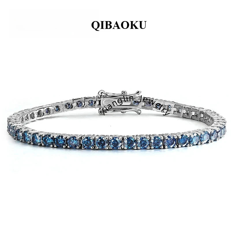 QIBAOKU Blue Moissanite Tennis Bracelets for Women Man Gifts 3mm 4mm Lab Grow Diamond GRA 925 Silver Plated 18k Bracelet 2026