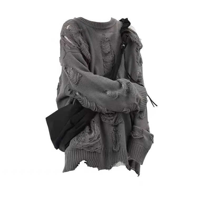 Punk Goth Black Ripped Torn Sweater Women Vintage Knitted Fe Jumper Gothic Grunge Y2k Knitwear Strtwear Pullover S260921A2X1