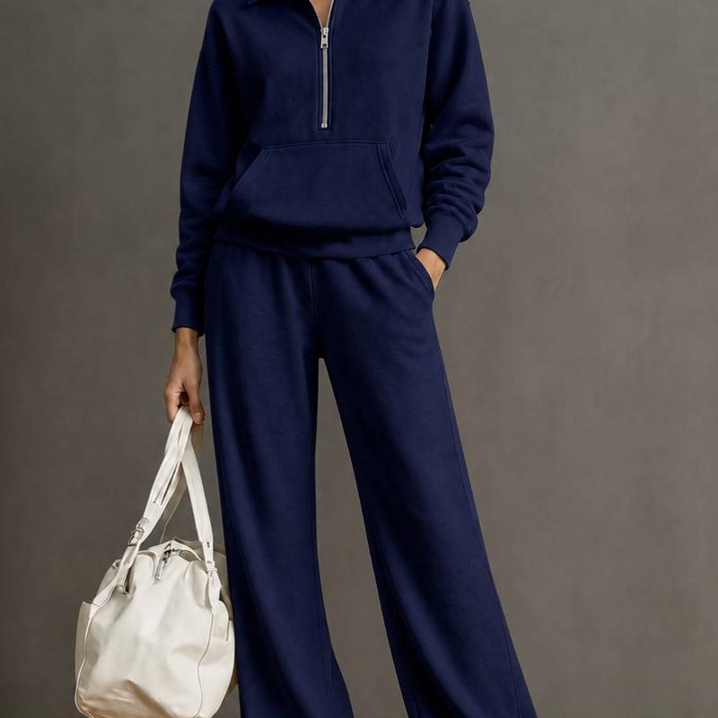 2026 Designer Style New Arrival High Quality New Autumn Winter Women's 2 Piece Sweatshirt Pants Set Half Zip V Neck Loose Wide Leg Trousers