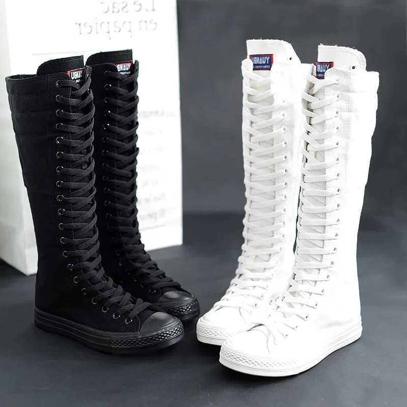 Canvas Long Boots for Boots Women High Top Women Canvas Shoes Lace Up Knee High Boots Flats Casual Vulcanized Shoes Sneakers Girls H260921