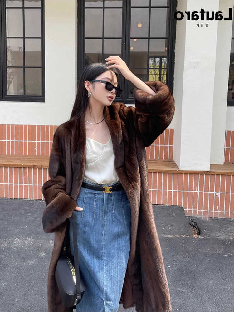 Winter Lautaro Long Vintage Elegant Chic Thick War Soft own Fluffy Faux ink Fur Coat Women V Neck Furry Overcoat 2023 D260921