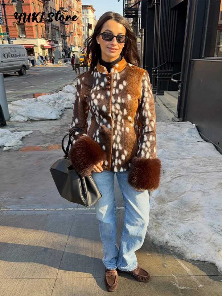 Strt Leopard Print Fur Cuffs Jacket Women Stand Collar Full Slve Buttons Jackets 2026 Autumn Winter Fashion Lady Outwear T260829