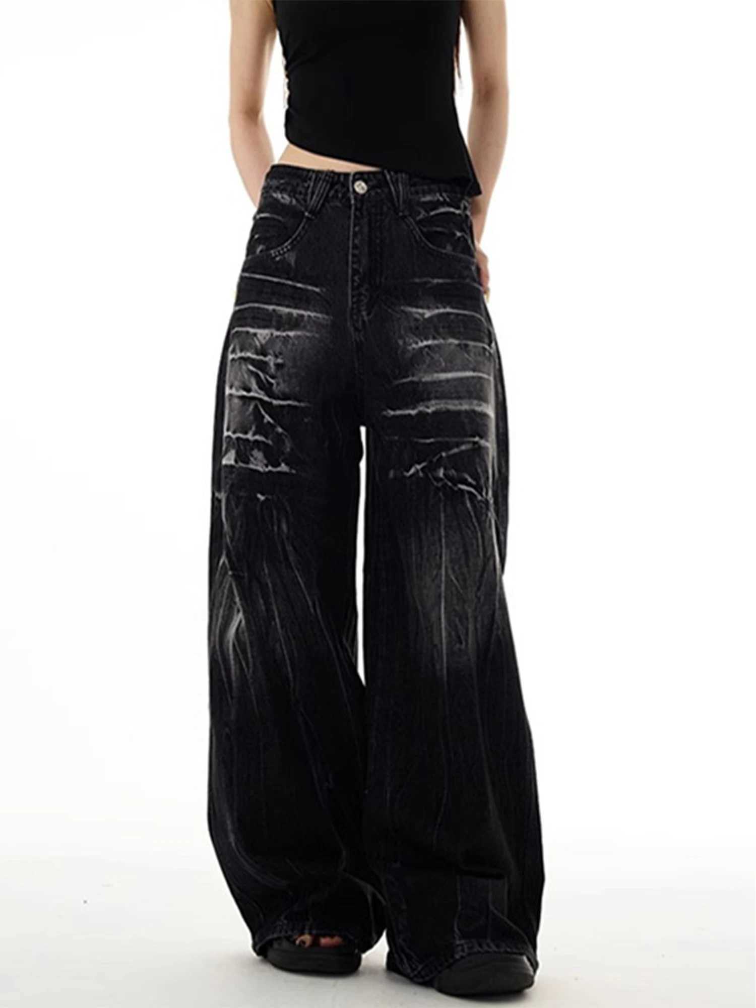 Women's Black Gothic Baggy Y2k Jeans Harajuku Vintage Denim Trousers Oversize Hip Hop Jean Long Pants Japanese Emo 2000s Clothes S260921MM1U