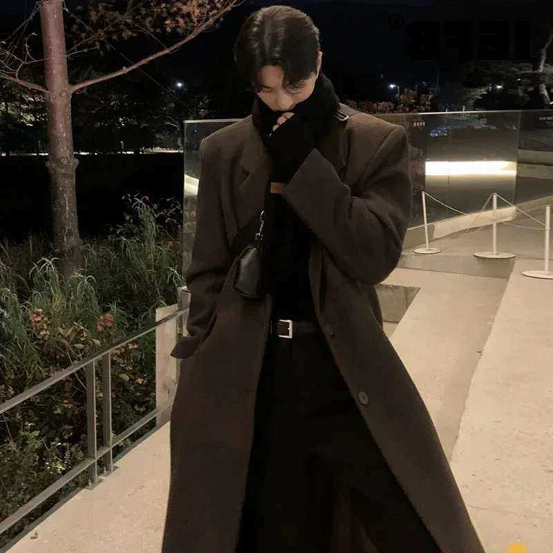 Wool Blends IEFB Korean Men's Stylish Men's Woolen Trench Lapel Shoulder Padded Knee Length Solid Color Male Windbreaker Casual Spring New
