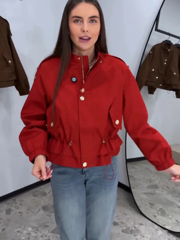 Women's Jacket Coat Drawstring Waist Ruched Short Trench Stand Collar Pocket Casual Outerwear Street Windbreaker For Ladies 260920