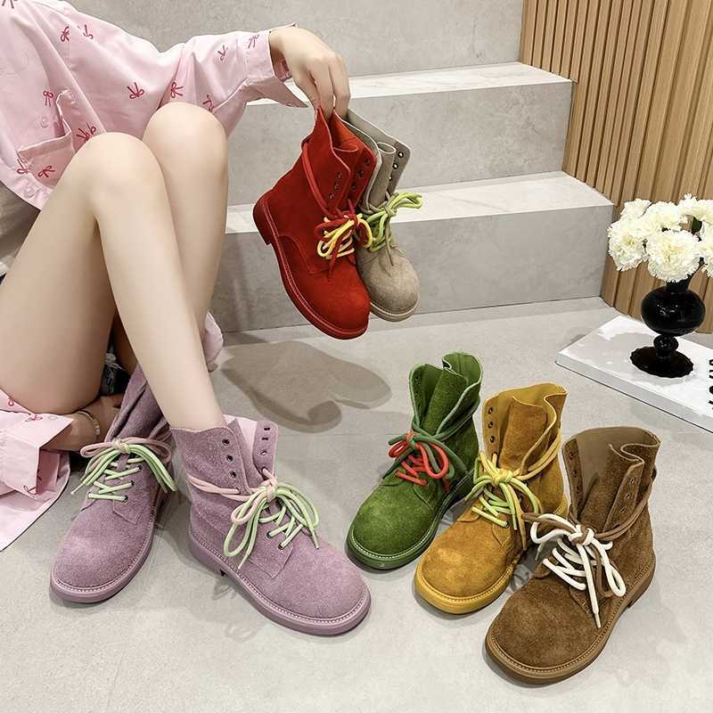 Botas de mujer AIYUQI, botines 2026 de piel auténtica, nuevas botas de motociclista para mujer, botines de gamuza con cordones para mujer H260921