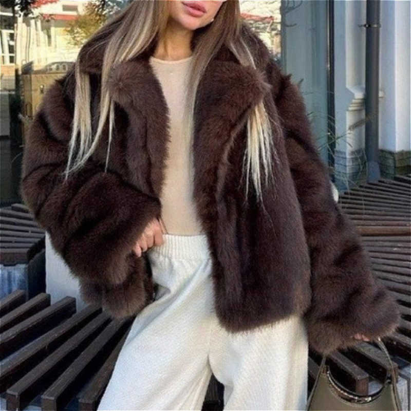 Solid Women Faux Fur Coats Short Jackets Long Sves Big Turn Down Collar Open Stitch Sli Elegant Casual 2026 Autun Winter D260921
