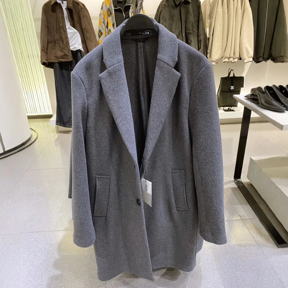 Men's MidLength Woolen Suit Collar Coat Classic Black Trench Casual Winter Outerwear Single Button Pocket Decor 260920