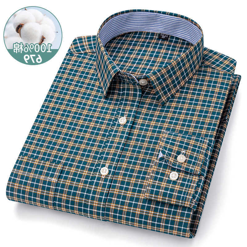 Pure Shirts Men's Cotton Casual New Plaid Mens Shirt Spring And Autumn Long-sLeeved Fashion Casual Slim Youth Plaid Anti-wrinkle No-Men Cloting