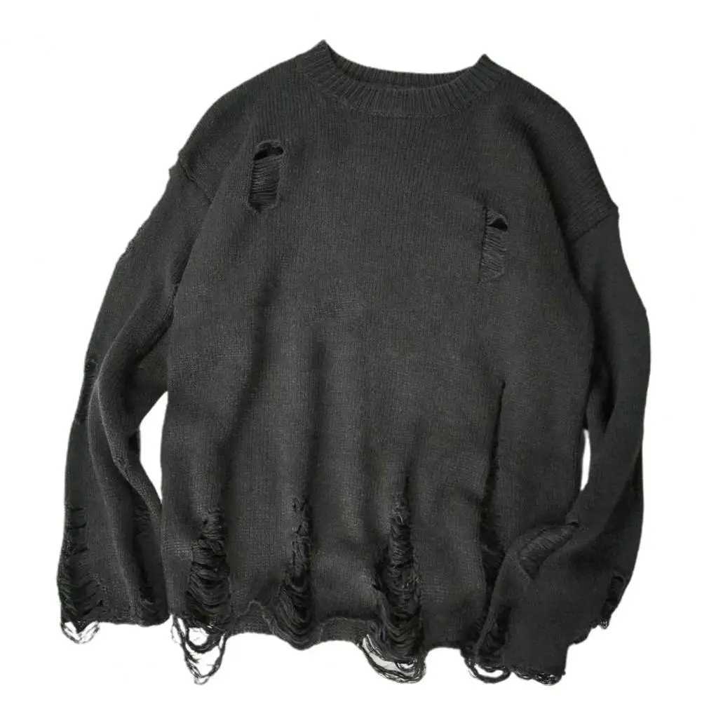 Men Wash Hole Ripped Knit Sweaters Solid Color Ripped O Neck Oversized Couple Sweater Winter Cool Boy Men's Clothes Streetwear S260921DX9X