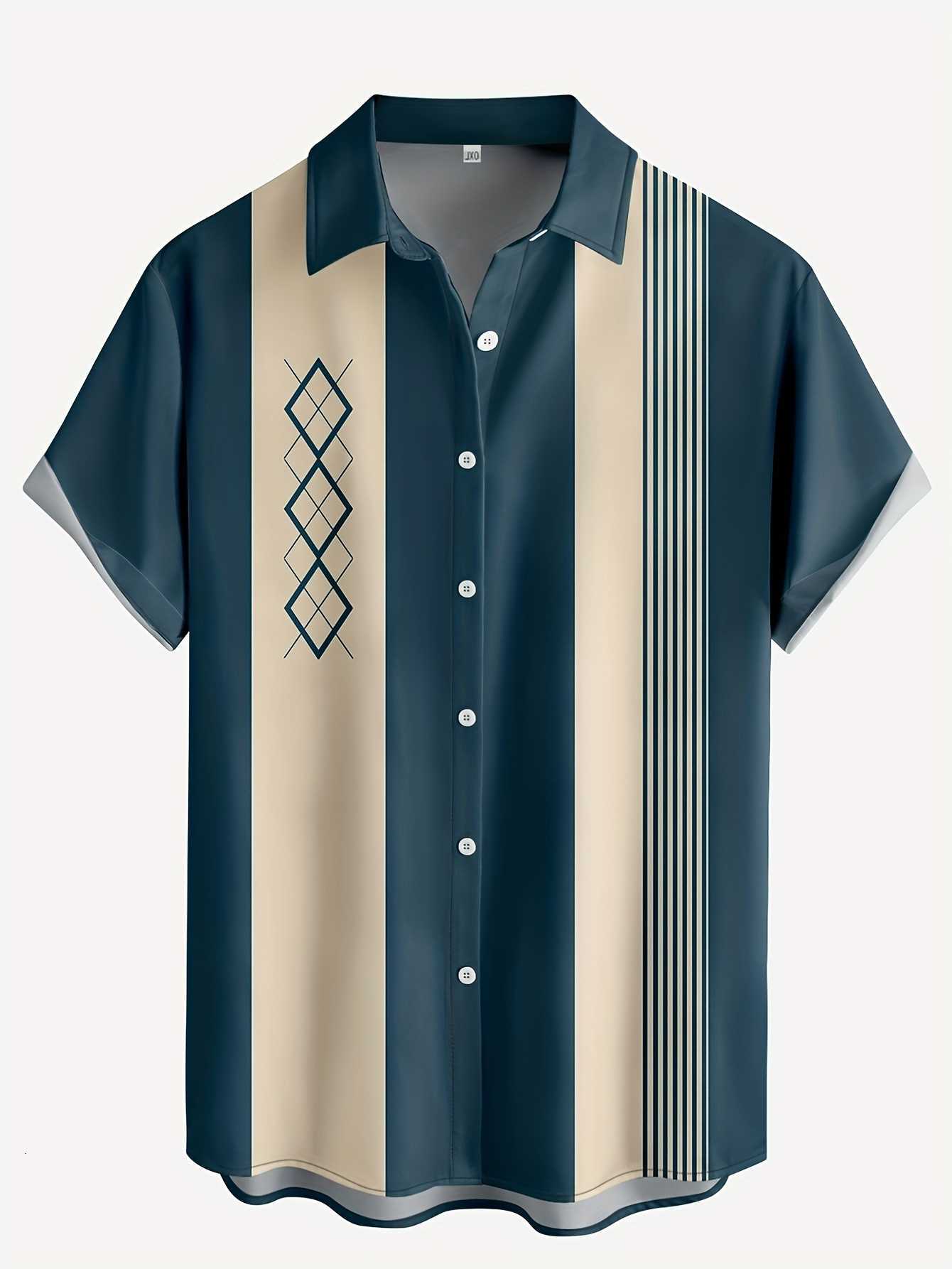 Casual Shirts Men's Hawaiian Men's Beach Resort Casual Shirt Summer Fashion Loose Weave Breathable Short-Sleeved Striped Print Loose Stree