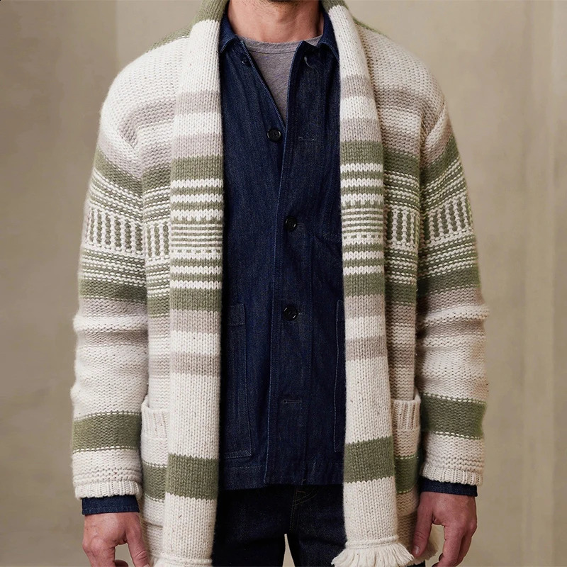 British Style Jacquard Men Cardigan Light y Tassel Hem Knit Long Sleeve Sweater Coats Trendy Patchwork Printed Knitwear 260918