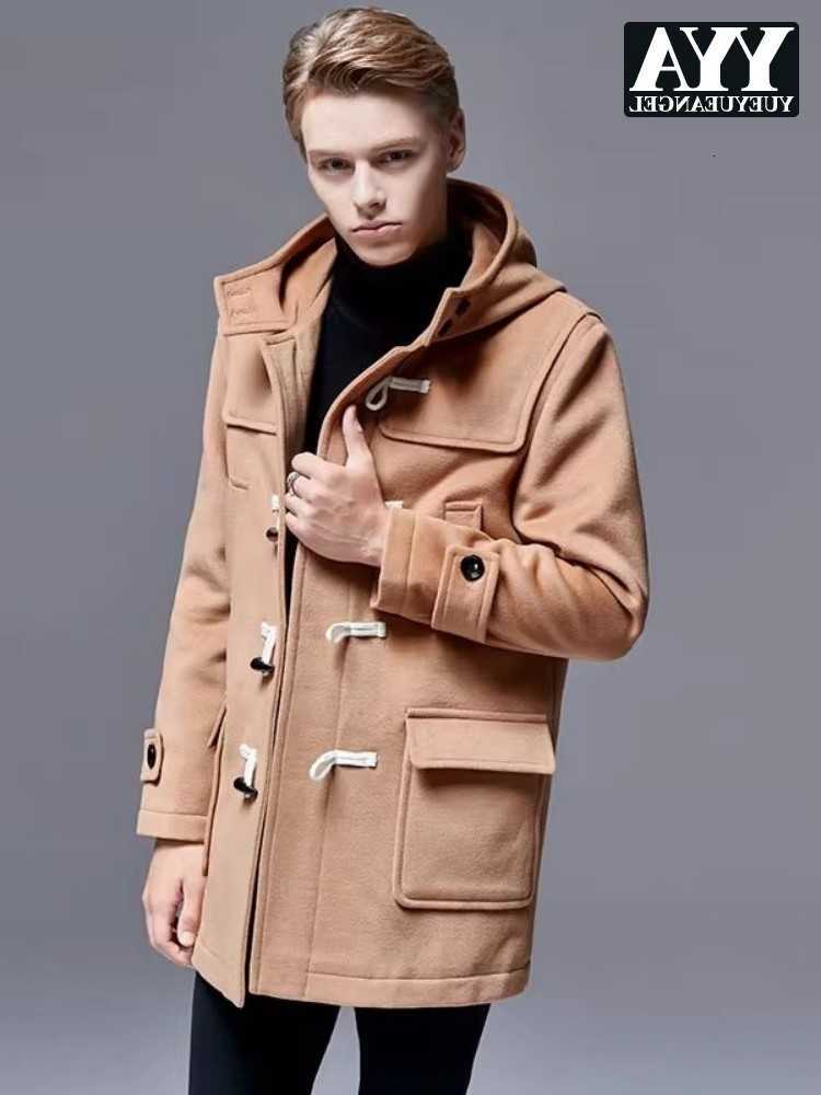 Woolen Men's Wool Blends Mens Coat Britain Preppy Style Horn Button Casual Medium Long Hooded Jacket Loose Fit Solid Color Winter Overcoat 5XL