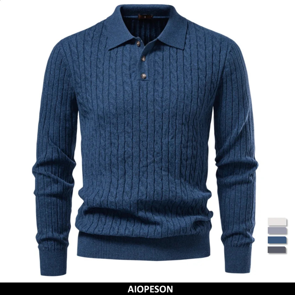 AIOPESON Mens Cable Knit Polo Faux Cashmere Solid Color Pullover Autumn Winter Casual Warm Slim Fit Long Sleeve Sweater Male 260921