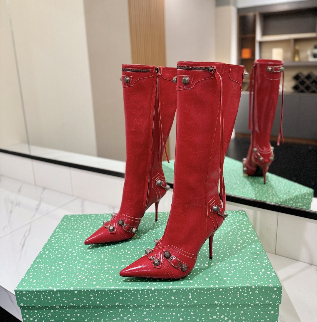 Luxury Dress Shoes Designer Women Winter Knee Boots Side Zipper Stiletto Heels Pointed Toe Beautiful Pink Black Party Shoes Ladies