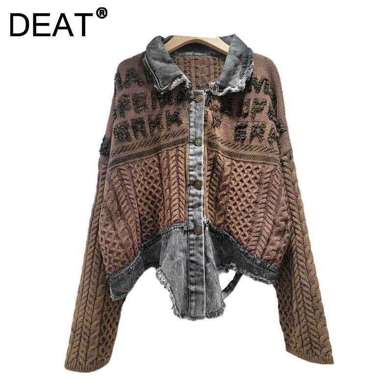 DEAT Women's Cardigan Patchwork Irregular Denim Hollow Out Loose Long Sleeve Knitted Sweaters 2026 New Autumn Fashion 29A2989 S260921C4H2