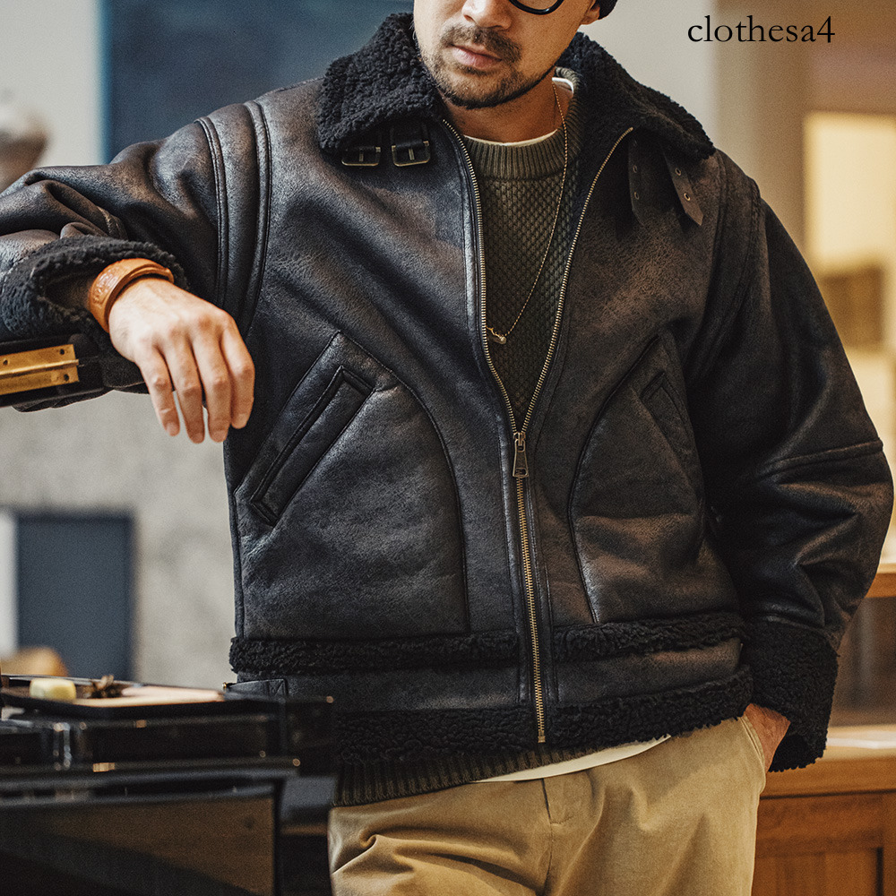 Maden Vintage B3 Bomber Faux Leather Jacket Fleece-lined Thickened Warm Motorcycle Solid-color Outerwear for Men's Winter