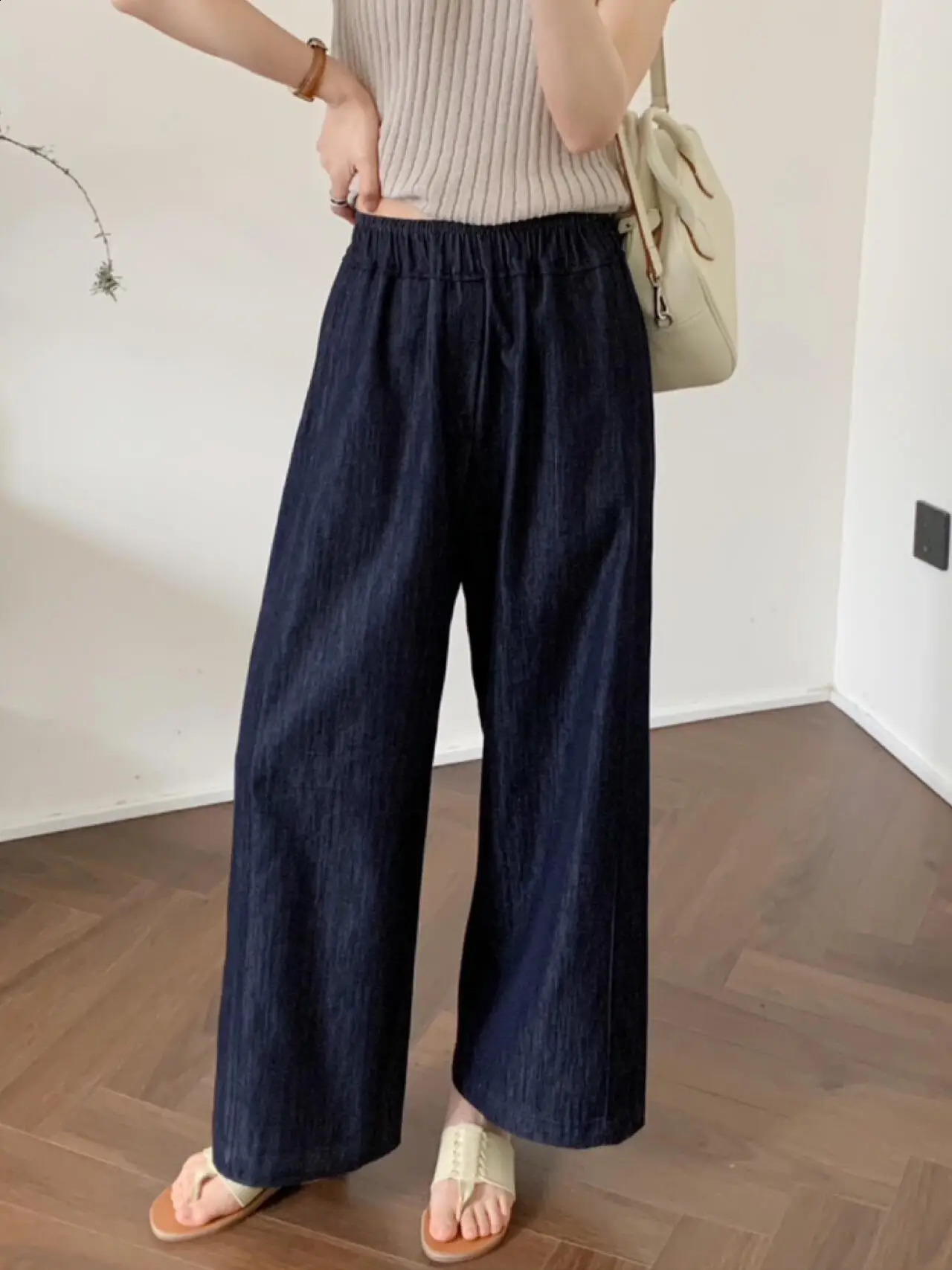 Deep Blue Linen Straight Leg Jeans Women Summer Thin High Waist Slimming Casual Wide Leg Grandmother Pants 260918