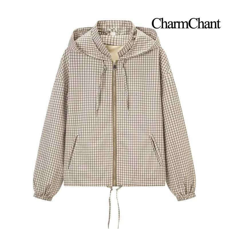 Jackets CHARMCHANT Women's Hooded Women's Jacket Windbreaker Plaid Grid Zip Up Loose Fit Drawstring Hem Outerwear Coat Daily Wear Fall 202