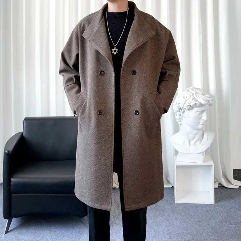 Korean Blends Men's Trend Wool Men's Lapel coat Loose Casual Double-breasted Overcoat Autumn Winter Fashion New Long Sleeve Woolen Coat D2