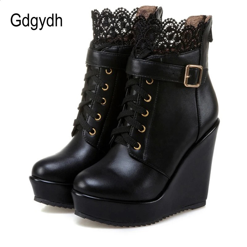 Gdgydh Botines de cuña con plataforma negra de encaje a la moda para mujer, zapatos de novia con cordones, zapatos punk góticos blancos para boda pa