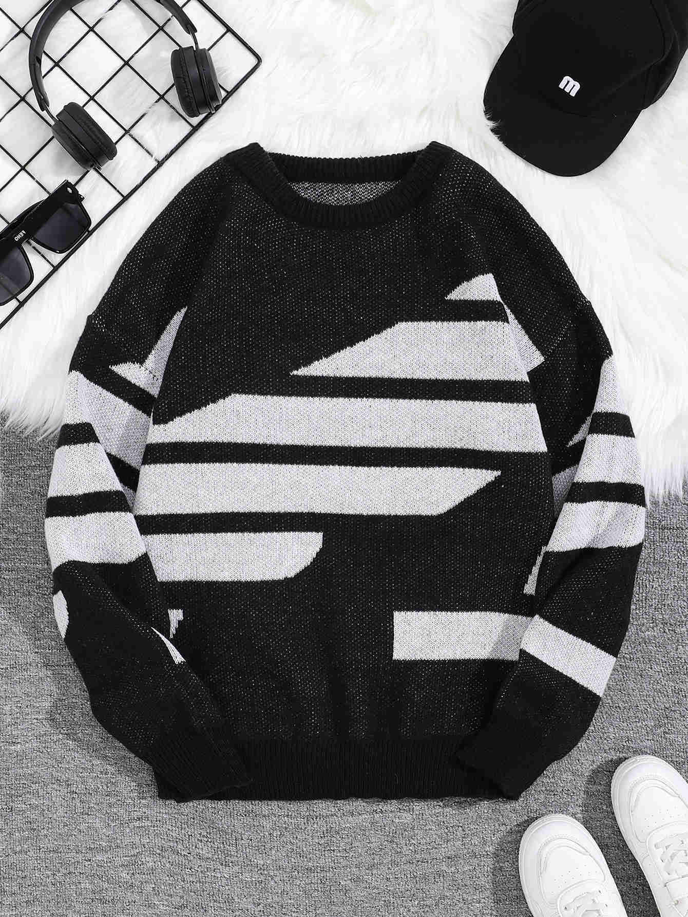 Striped Parallel Jacquard Pattern Pullover Sweater Casual Round Neck Color-Block Knit Men's Pullover S2609215UCY