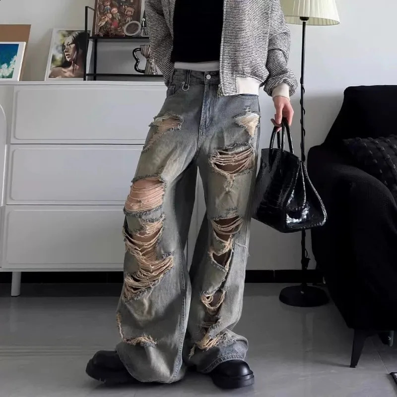 Men's Jeans Relaxed Fit Distressed Ripped Denim Pants Streetwear Summer Man Pants Washed Vintage Wide Leg Holes 260920