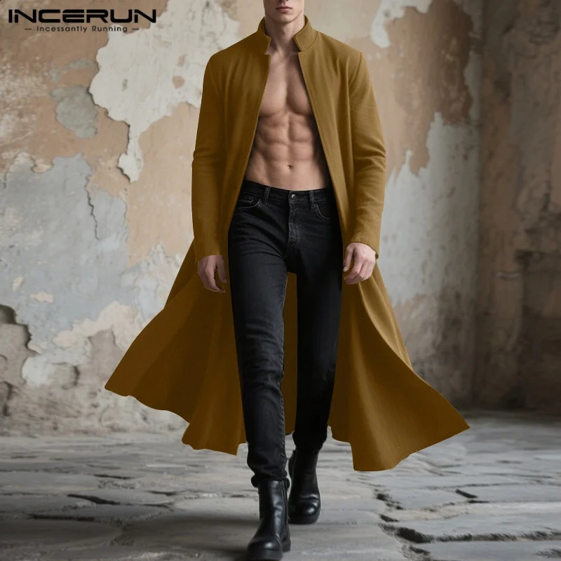 INCERUN Men Long Style Trench Solid Color Stand Collar Long Sleeve Male Thin Coats Cardigan Streetwear Fashion Windbreaker 260920