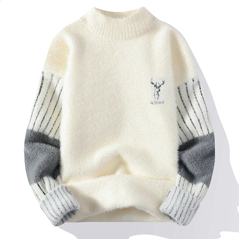 Thickened Winter Semi High Neck Knitted Sweater with Anti Pilling Splicing Men's Casual Long Sleeved Bottom Printed Pullover260921