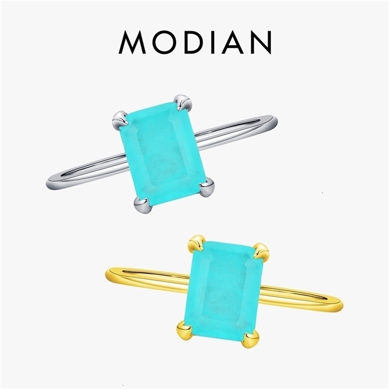 Modian 925 Sterling Silver Classic Rectangle Tourmaline Paraiba Female Finger Ring For Women Charm Fine Jewelry Anillo 260920