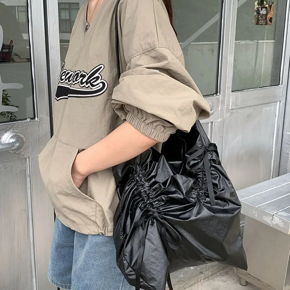 Fashionable Korean Style Bow Drawstring Bag Bowknot Fold Nylon Ruched Shoulder Bag Niche Handbag Silver Tote Bag Outdoor 260920
