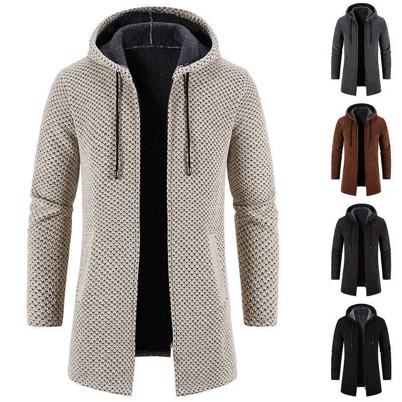 Men's Thickened Hooded Knitted Sweater Jacket Warm Loose Zipper Long Slve Autumn Winter Open Cardigan Mid-Length Sweatshirt Q260921