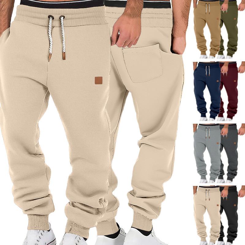 Pantalon de jogging en molleton tressé pour hommes, ceinture côtelée, poches latérales, patch carré en cuir, poignets côtelés à la cheville, coup