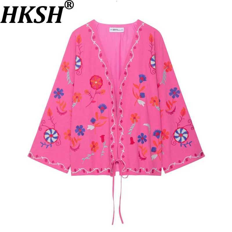 Women's Jackets HKSH Spring Autumn New Women's Thin Coat V-neck Lace-up Long Sleeve Embroidered Elegant Chic Tide Vacation Casual Jacket H