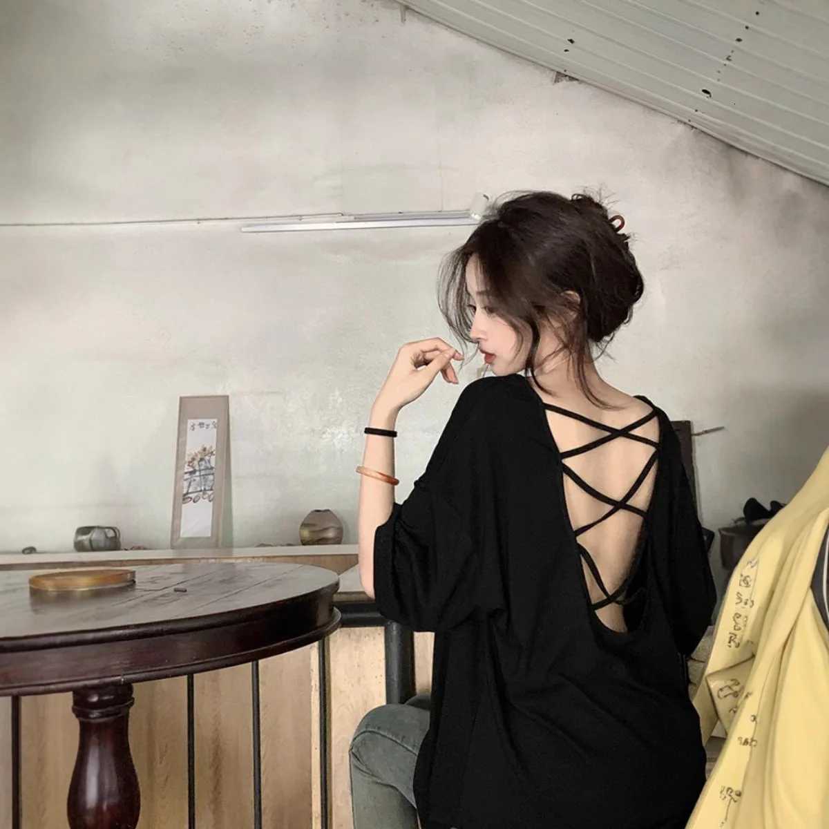 Women's T-Shirt Summer large-size women's clothing new solid color casual loose irregular sexy halter round neck short-sleeved T-shirt Q26