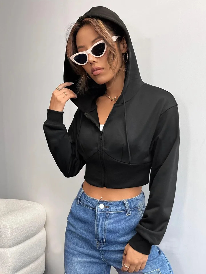 Fashion Casual Solid Color Crop Top Hoodie Jacket with Drawstring Spring Summer Autumn Comfortable Streetwear 260920