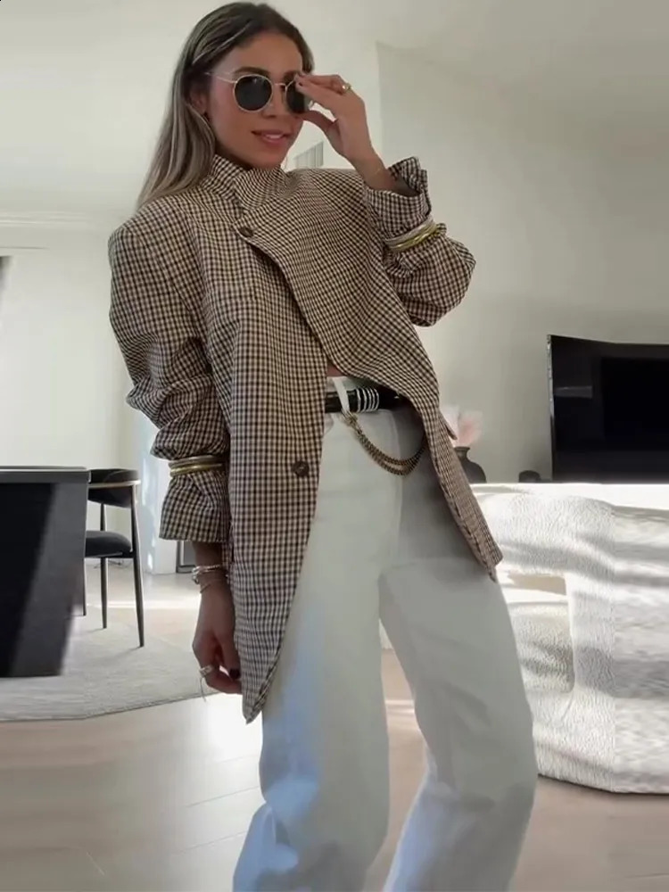 Coffee Gingham Stand Collar Blazer Beige Plaid Two-Button Oversized Spring Elegant Women Outerwear Office Chic Lady Jacket 260920