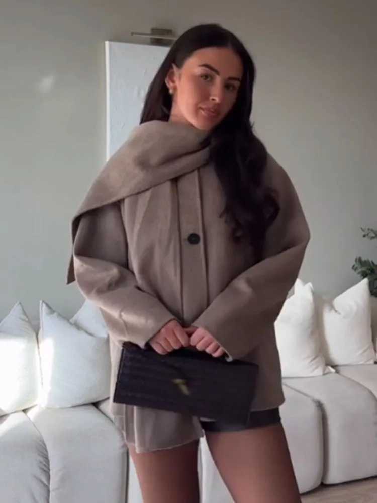 HH Women's Winter New Fashion Coats Solid Scarf Collar Long Slves Pockets Single Breasted Female Elegant Jacket 3 Color T260829