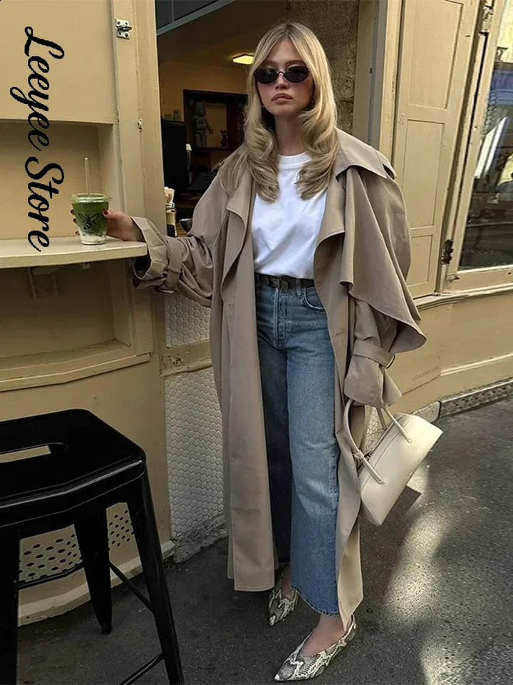 Solid Lace Up Long Trench Coat Women Chic Full Sleeves Lapel Single Breasted Loose Outerwear 2026 Lady Spring High Street Wear 260920