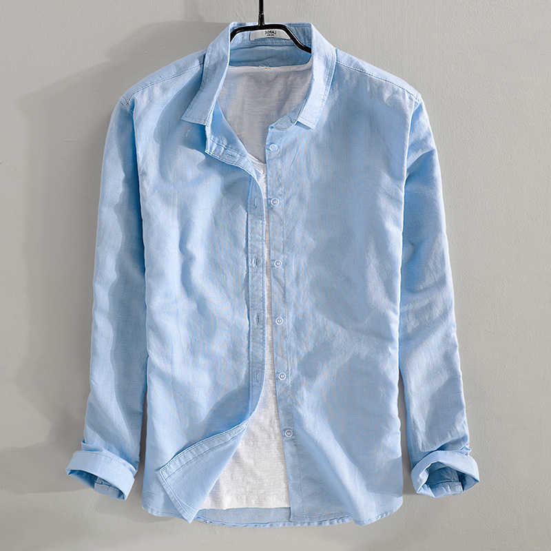 New Men's Casual style Shirts sky blue shirt men brand linen solid fashion long sleeve square collar cotton shirts for men camisas chemise H260